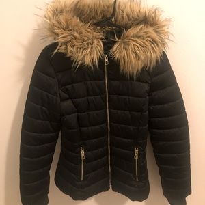 Women’s Black Puffer Coat with Faux Fur Collar